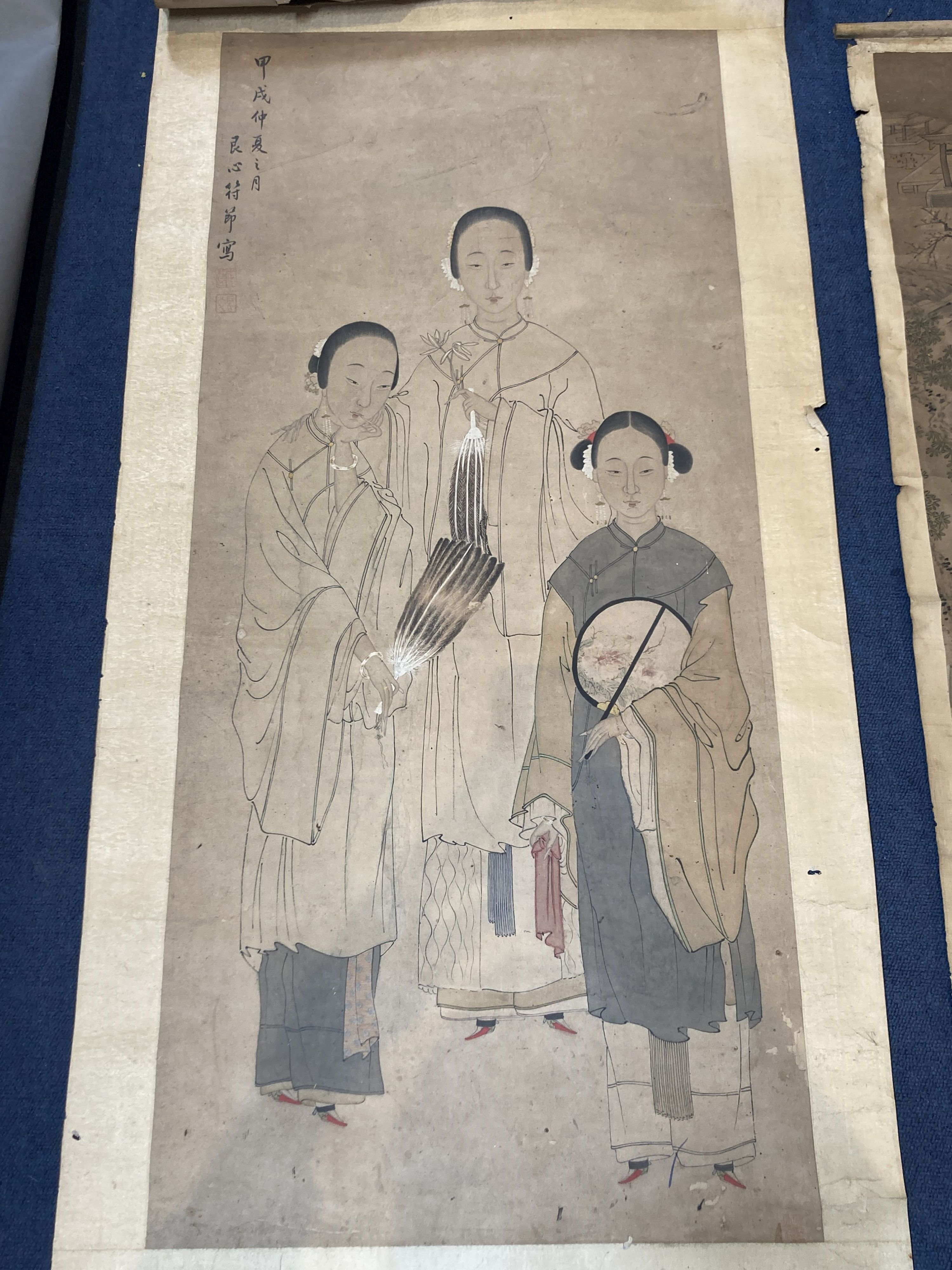 Two Chinese scroll painting on paper of beautiful ladies, late Qing dynasty, image 105 x 47cm and 100 x 38cm some damage